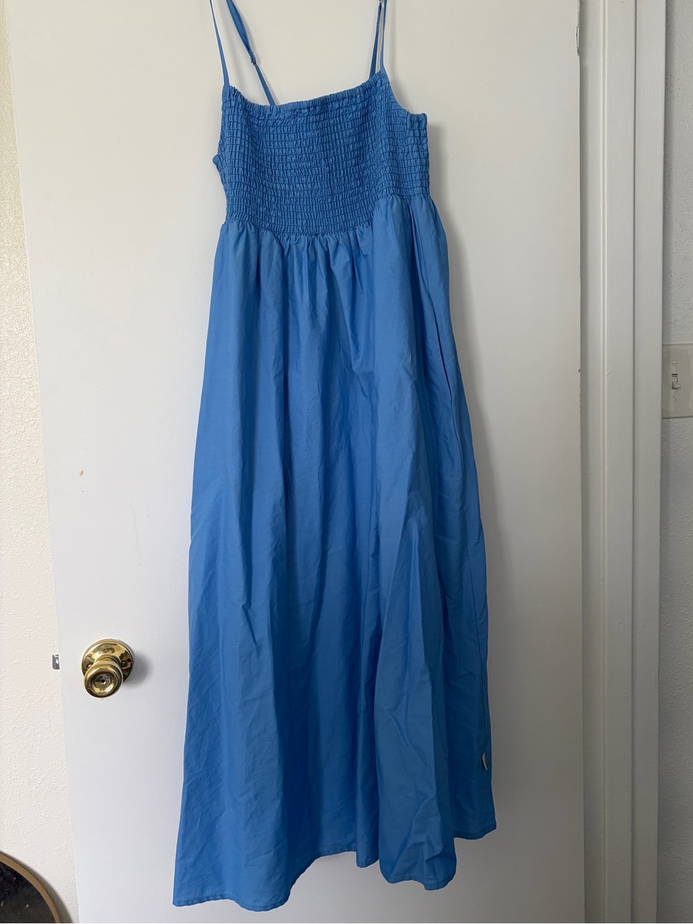 Smocked Bodice Blue Midi Dress with Adjustable Spaghetti Straps (anthropology)
